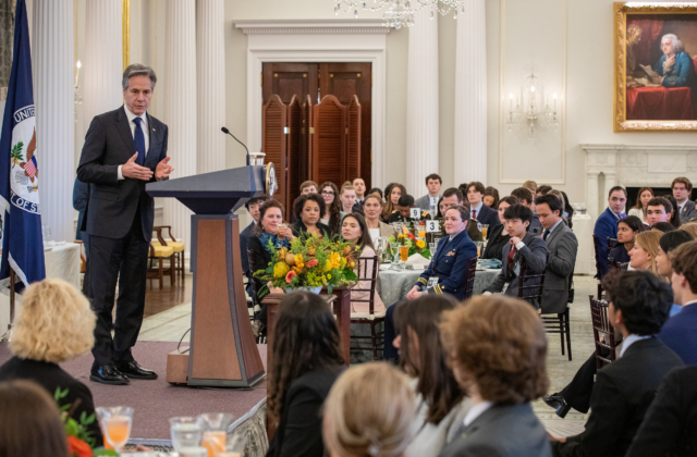 Secretary of State Antony Blinken speaks to delegates at the State Department